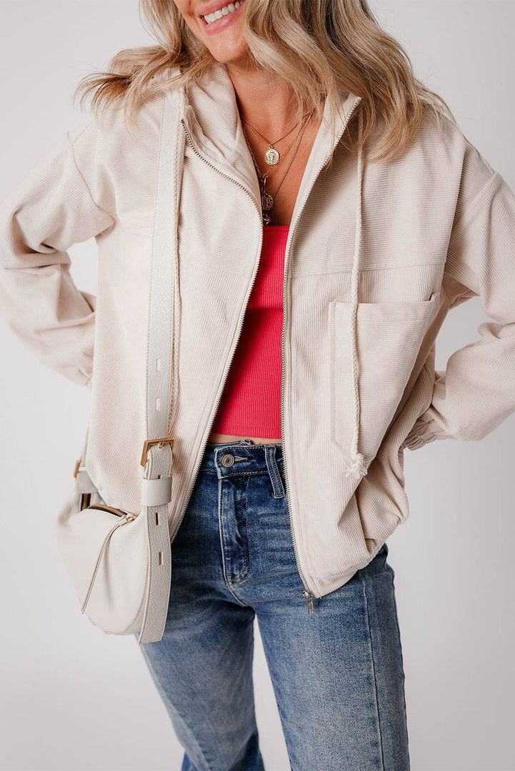 White Corduroy Drawstring Hooded Pocket Zip Up Jacket - Fashion Queen -  3