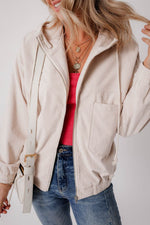 Load image into Gallery viewer, White Corduroy Drawstring Hooded Pocket Zip Up Jacket - Fashion Queen -  4
