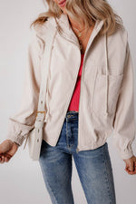 Load image into Gallery viewer, White Corduroy Drawstring Hooded Pocket Zip Up Jacket - Fashion Queen -  6
