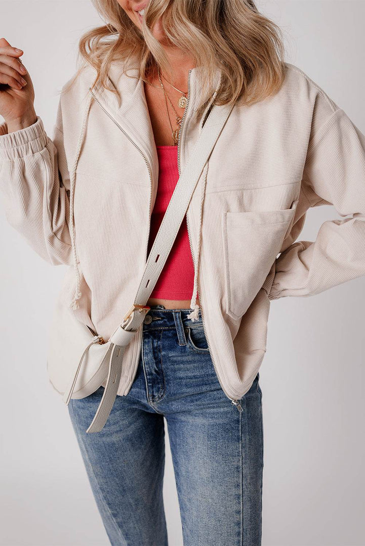 White Corduroy Drawstring Hooded Pocket Zip Up Jacket - Fashion Queen -  7
