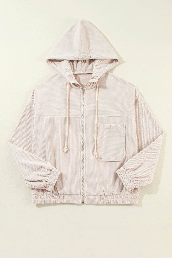 White Corduroy Drawstring Hooded Pocket Zip Up Jacket - Fashion Queen -  8