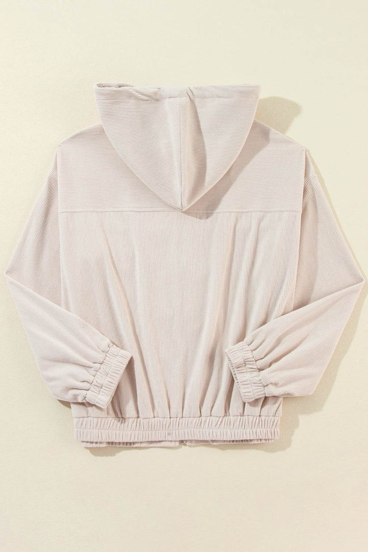 White Corduroy Drawstring Hooded Pocket Zip Up Jacket - Fashion Queen -  9