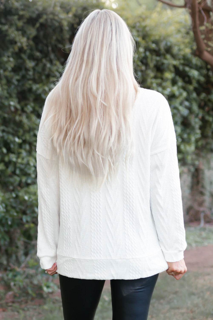 White Cowl Neck Textured Sweatshirt - Fashion Queen -  2
