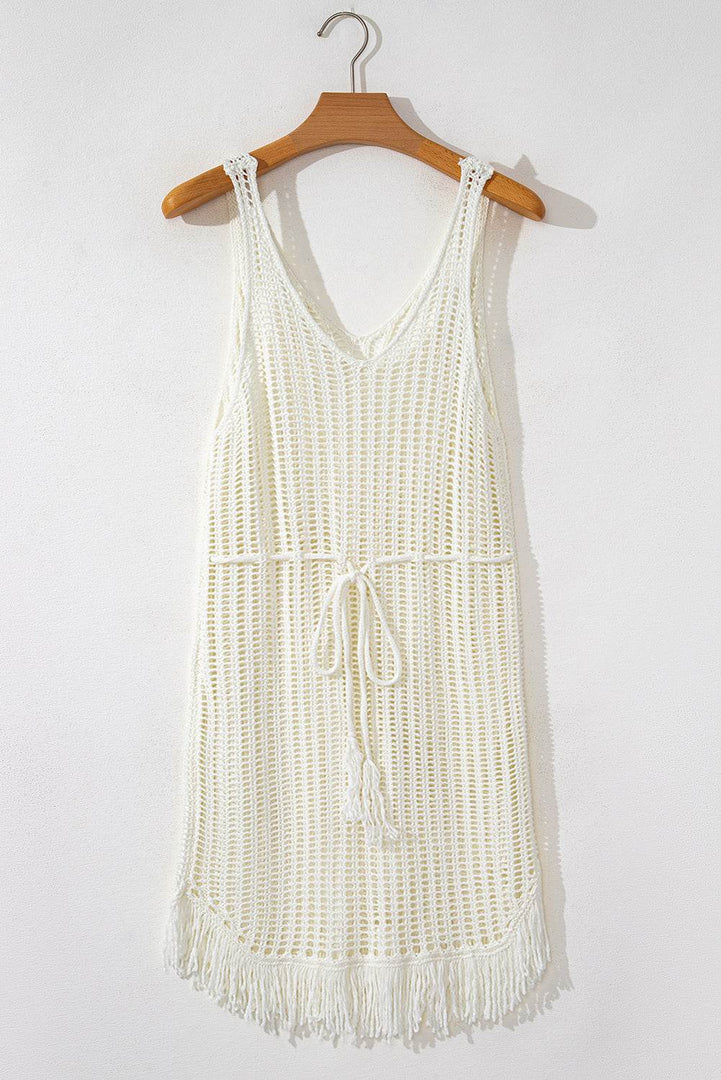 White Crochet Fishnet Fringed Edge V Neck Beach Cover Up - Fashion Queen -  10