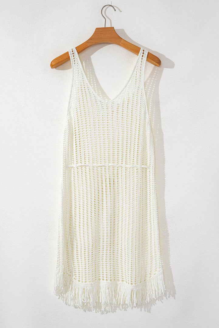 White Crochet Fishnet Fringed Edge V Neck Beach Cover Up - Fashion Queen -  11