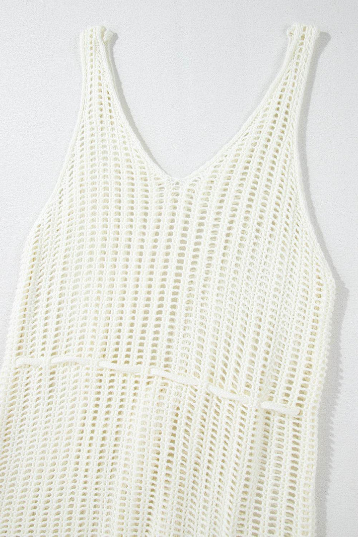 White Crochet Fishnet Fringed Edge V Neck Beach Cover Up - Fashion Queen -  12