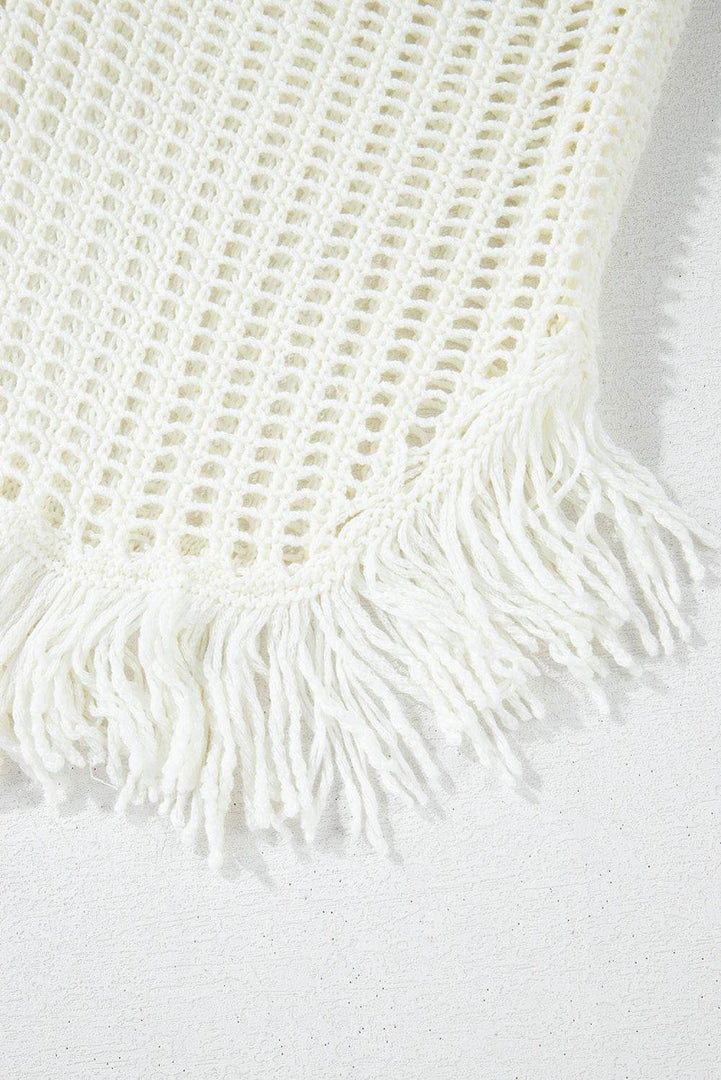 White Crochet Fishnet Fringed Edge V Neck Beach Cover Up - Fashion Queen -  13