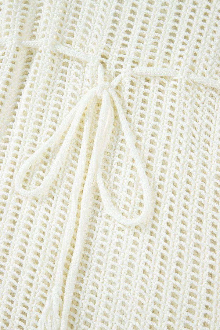White Crochet Fishnet Fringed Edge V Neck Beach Cover Up - Fashion Queen -  14