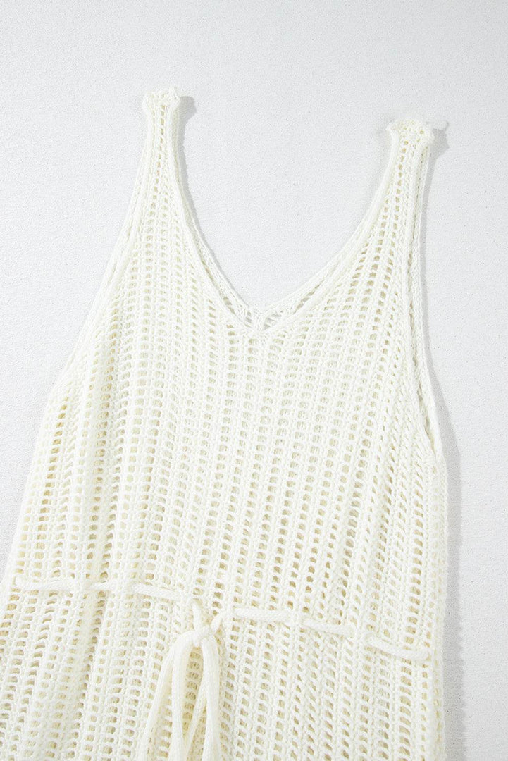 White Crochet Fishnet Fringed Edge V Neck Beach Cover Up - Fashion Queen -  16