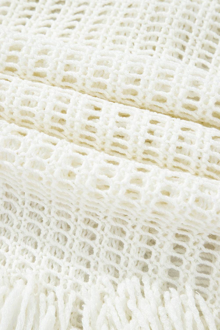 White Crochet Fishnet Fringed Edge V Neck Beach Cover Up - Fashion Queen -  17