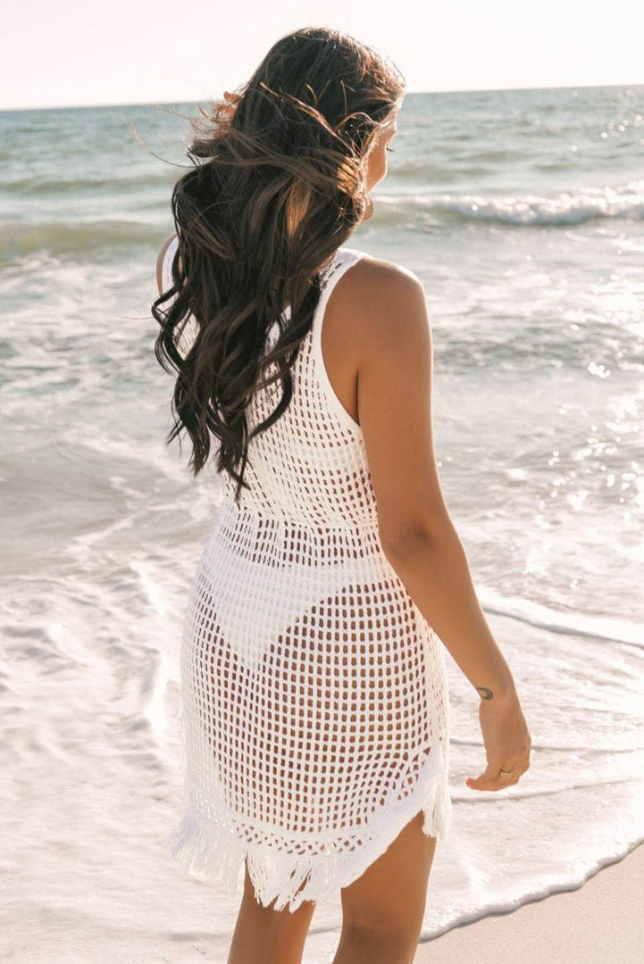 White Crochet Fishnet Fringed Edge V Neck Beach Cover Up - Fashion Queen -  19