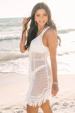 Load image into Gallery viewer, White Crochet Fishnet Fringed Edge V Neck Beach Cover Up - Fashion Queen -  20
