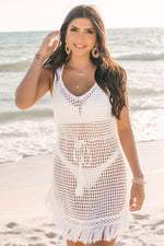 Load image into Gallery viewer, White Crochet Fishnet Fringed Edge V Neck Beach Cover Up - Fashion Queen -  22
