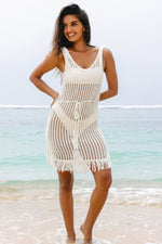 Load image into Gallery viewer, White Crochet Fishnet Fringed Edge V Neck Beach Cover Up - Fashion Queen -  8
