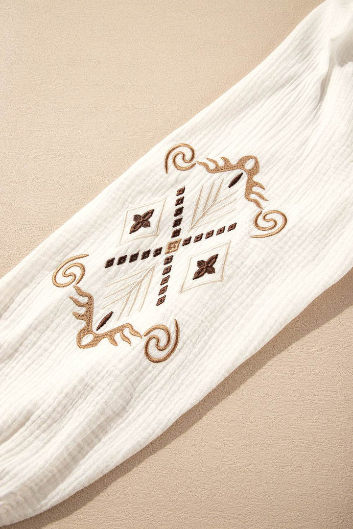 White Embroidered Textured Buttoned Crew Neck Shirt - Fashion Queen -  11