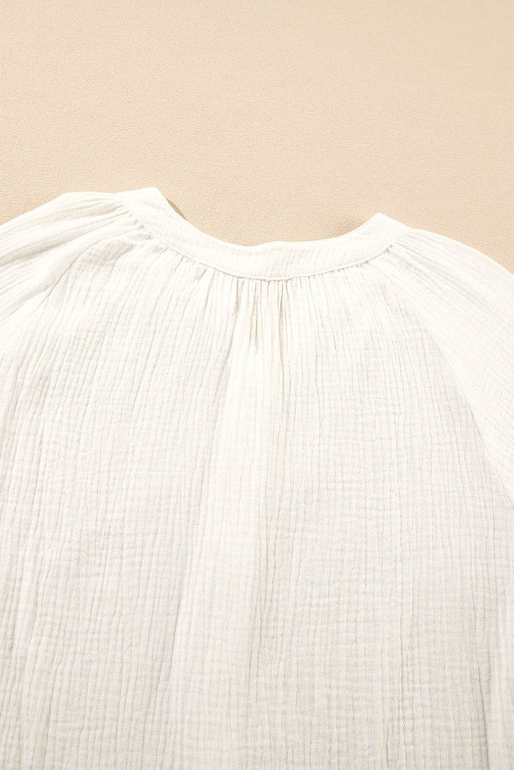 White Embroidered Textured Buttoned Crew Neck Shirt - Fashion Queen -  12