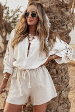 Load image into Gallery viewer, White Embroidered Textured Buttoned Crew Neck Shirt - Fashion Queen -  4

