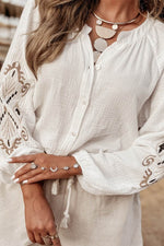 Load image into Gallery viewer, White Embroidered Textured Buttoned Crew Neck Shirt - Fashion Queen -  5
