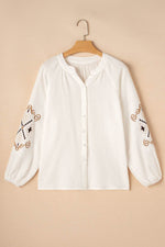 Load image into Gallery viewer, White Embroidered Textured Buttoned Crew Neck Shirt - Fashion Queen -  6

