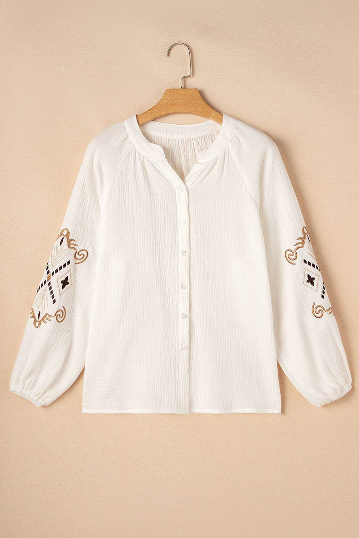 White Embroidered Textured Buttoned Crew Neck Shirt - Fashion Queen -  6