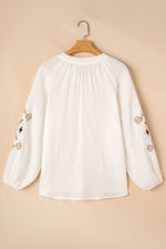 Load image into Gallery viewer, White Embroidered Textured Buttoned Crew Neck Shirt - Fashion Queen -  7
