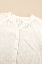 Load image into Gallery viewer, White Embroidered Textured Buttoned Crew Neck Shirt - Fashion Queen -  8
