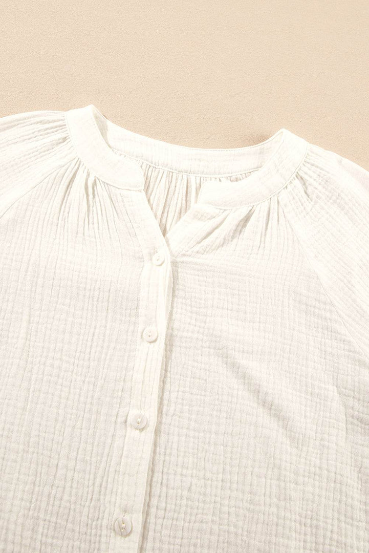White Embroidered Textured Buttoned Crew Neck Shirt - Fashion Queen -  8