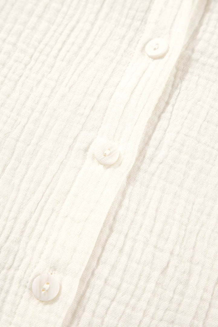 White Embroidered Textured Buttoned Crew Neck Shirt - Fashion Queen -  9