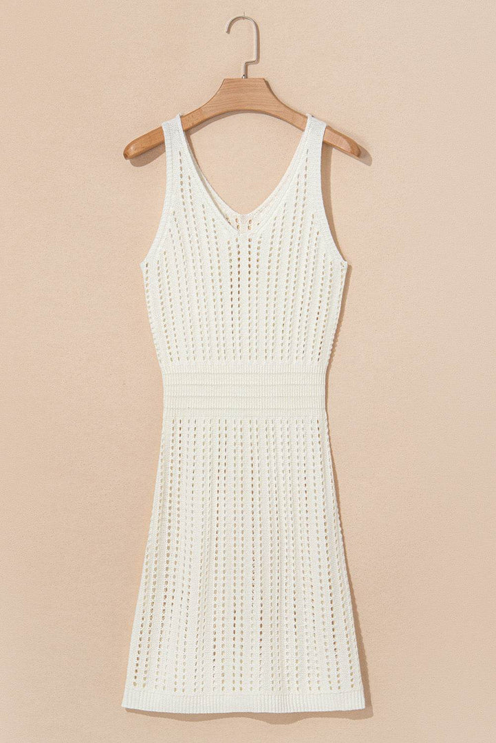 White Eyelet Crochet Sleeveless V Neck Beach Dress - Fashion Queen -  12
