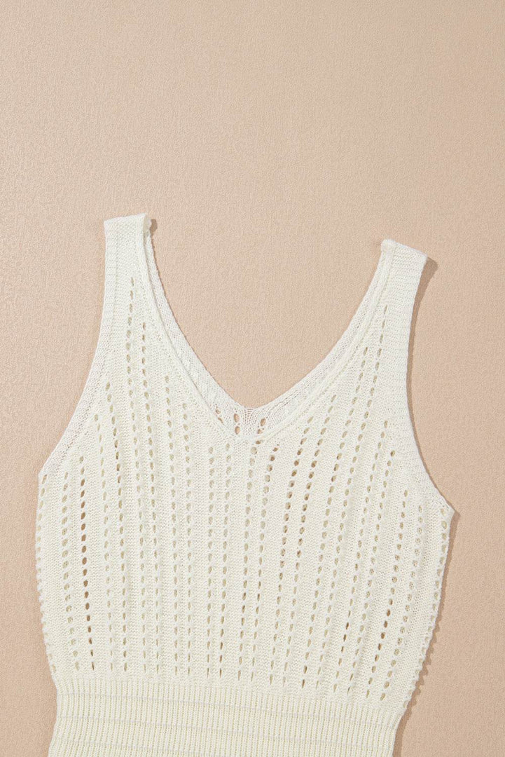 White Eyelet Crochet Sleeveless V Neck Beach Dress - Fashion Queen -  14