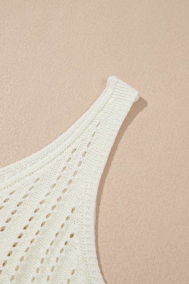 White Eyelet Crochet Sleeveless V Neck Beach Dress - Fashion Queen -  15