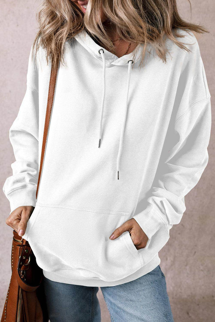 White Fleece Lined Kangaroo Pocket Drawstring Chunky Hoodie - Fashion Queen -  1