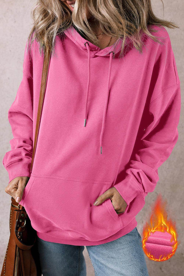 White Fleece Lined Kangaroo Pocket Drawstring Chunky Hoodie - Fashion Queen -  10
