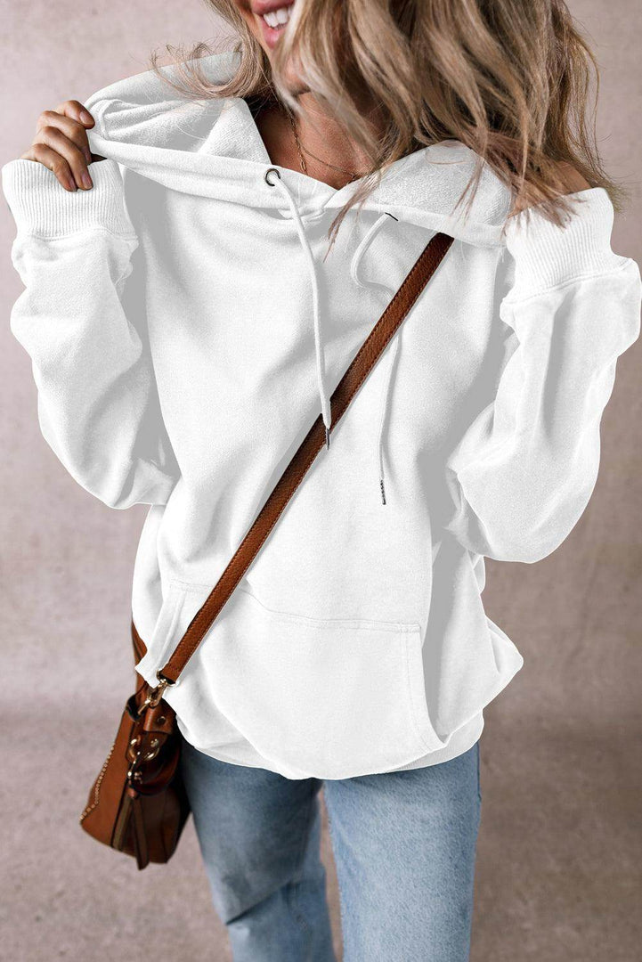 White Fleece Lined Kangaroo Pocket Drawstring Chunky Hoodie - Fashion Queen -  16