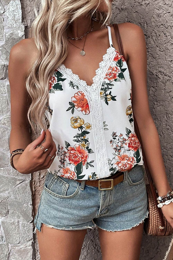 White Floral Print Lace V Neck Tank Top - Fashion Queen -  1