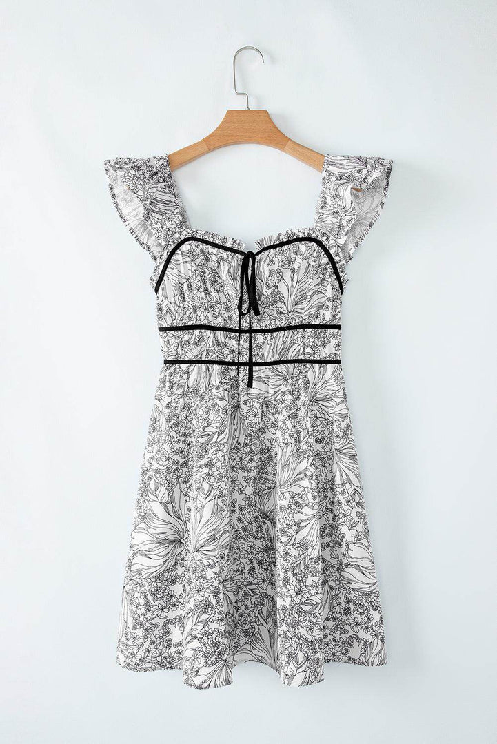 White Floral Print Pipping Trim Flutter Sleeve Mini Dress - Fashion Queen -  14