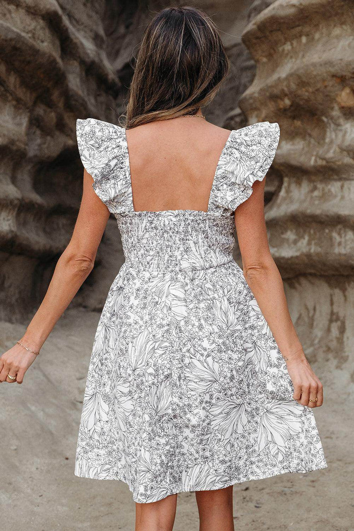 White Floral Print Pipping Trim Flutter Sleeve Mini Dress - Fashion Queen -  2
