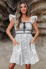 Load image into Gallery viewer, White Floral Print Pipping Trim Flutter Sleeve Mini Dress - Fashion Queen -  6
