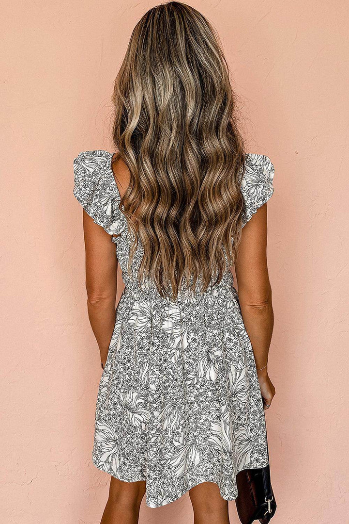 White Floral Print Pipping Trim Flutter Sleeve Mini Dress - Fashion Queen -  9