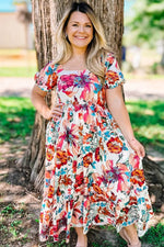 Load image into Gallery viewer, White Floral Square Neck Puff Sleeve Flowy Plus Size Midi Dress - Fashion Queen -  2
