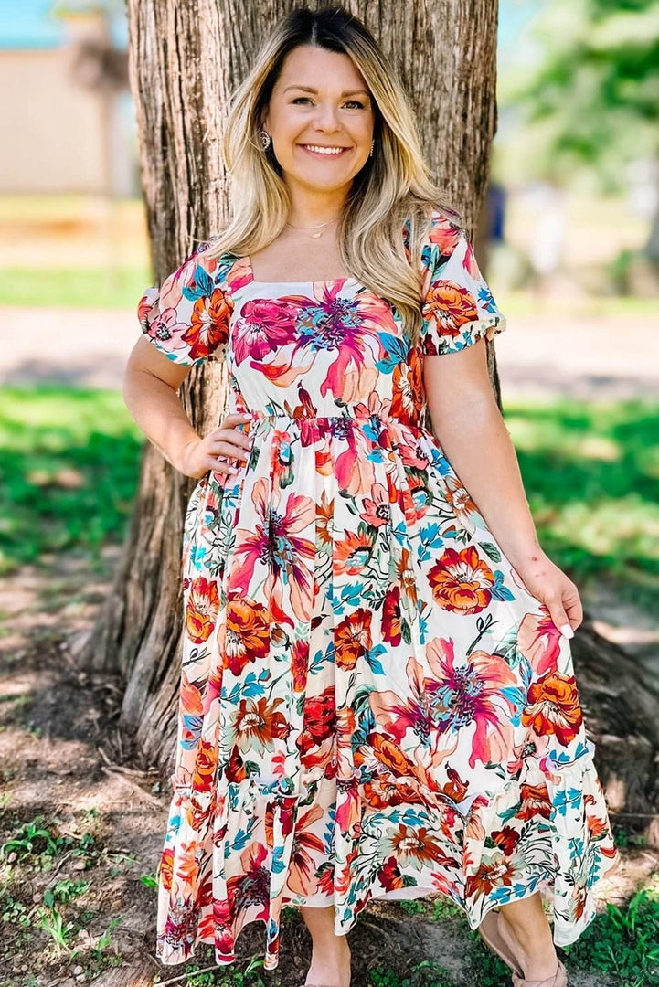 White Floral Square Neck Puff Sleeve Flowy Plus Size Midi Dress - Fashion Queen -  2