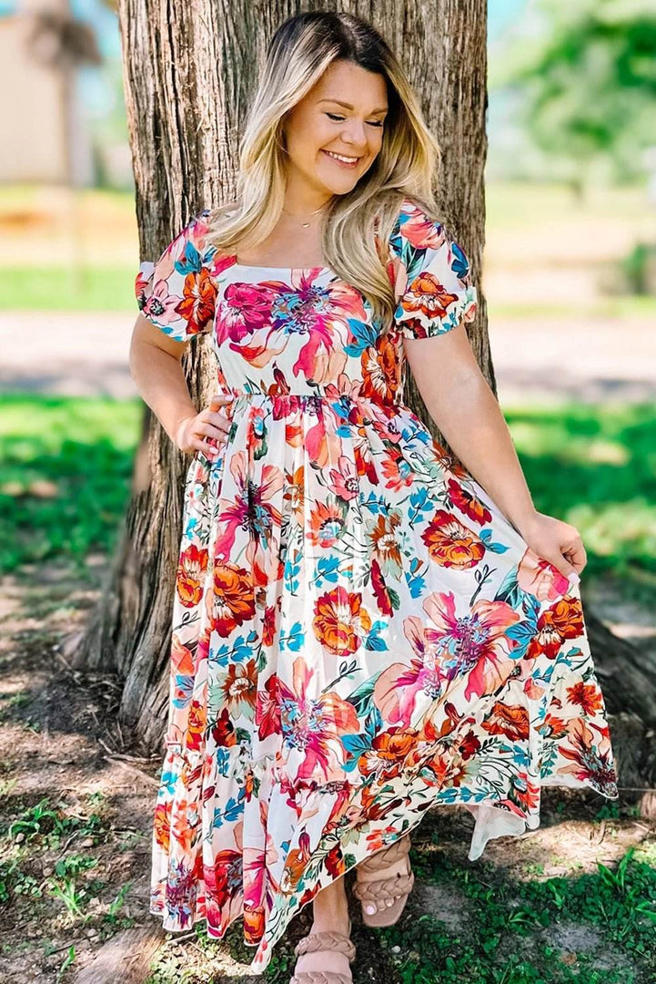 White Floral Square Neck Puff Sleeve Flowy Plus Size Midi Dress - Fashion Queen -  3