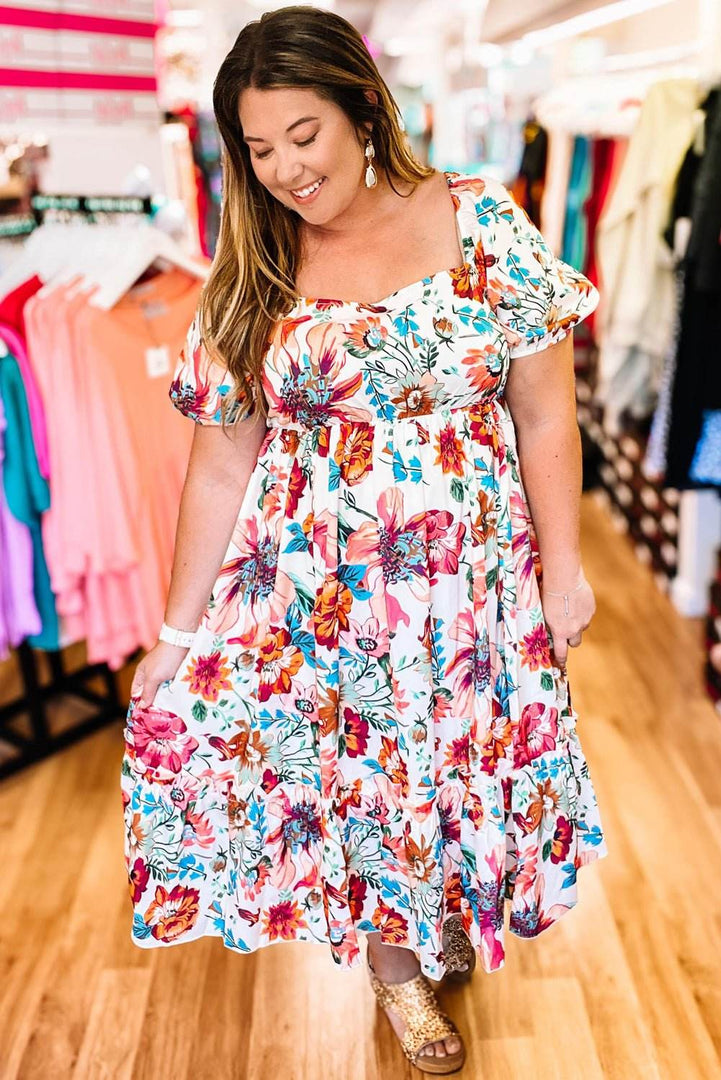White Floral Square Neck Puff Sleeve Flowy Plus Size Midi Dress - Fashion Queen -  4