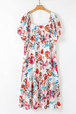Load image into Gallery viewer, White Floral Square Neck Puff Sleeve Flowy Plus Size Midi Dress - Fashion Queen -  5
