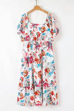 Load image into Gallery viewer, White Floral Square Neck Puff Sleeve Flowy Plus Size Midi Dress - Fashion Queen -  6
