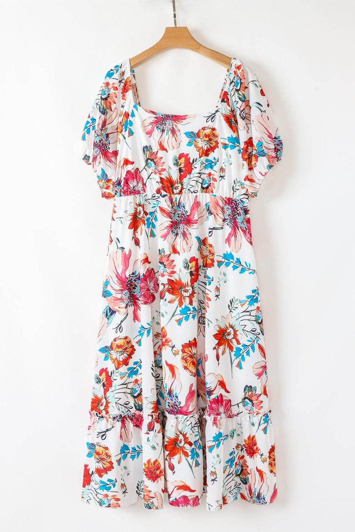 White Floral Square Neck Puff Sleeve Flowy Plus Size Midi Dress - Fashion Queen -  6