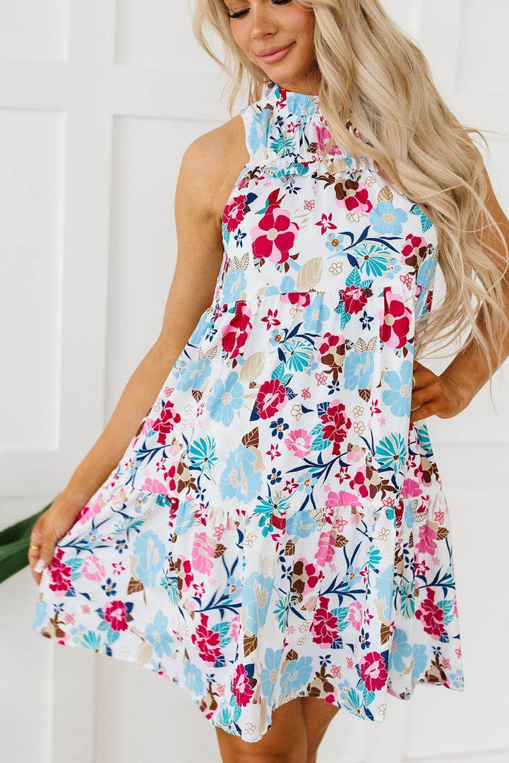 White Frill Mock Neck Sleeveless Tiered Floral Dress - Fashion Queen -  15