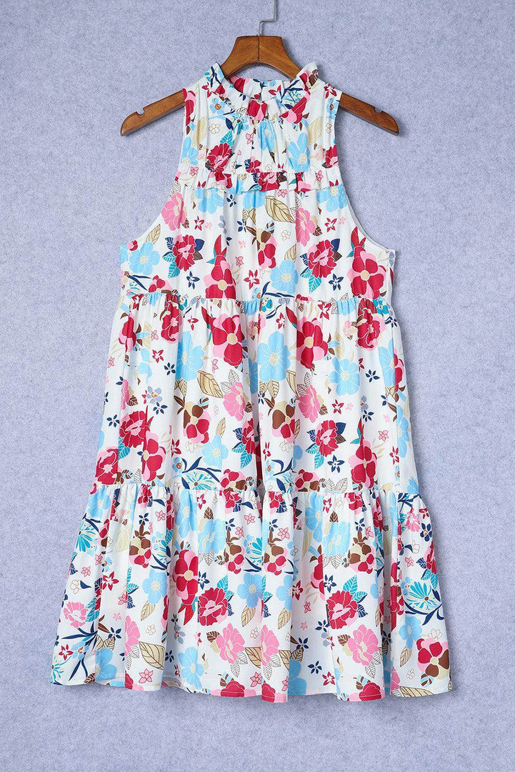 White Frill Mock Neck Sleeveless Tiered Floral Dress - Fashion Queen -  17