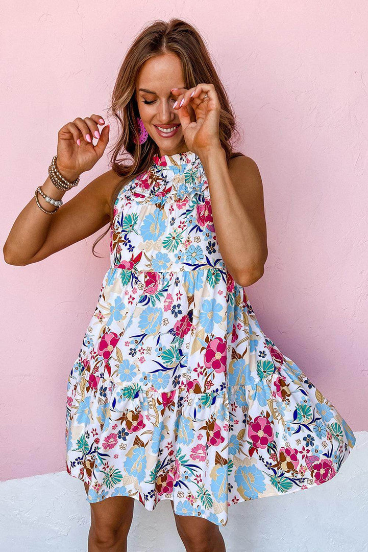 White Frill Mock Neck Sleeveless Tiered Floral Dress - Fashion Queen -  3