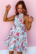 Load image into Gallery viewer, White Frill Mock Neck Sleeveless Tiered Floral Dress - Fashion Queen -  6
